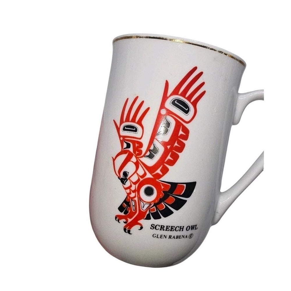 Haida Nation Artist‎ Glen Rabena Vintage Red Screech Owl On White Porcelain Mug - Picture 2 of 10